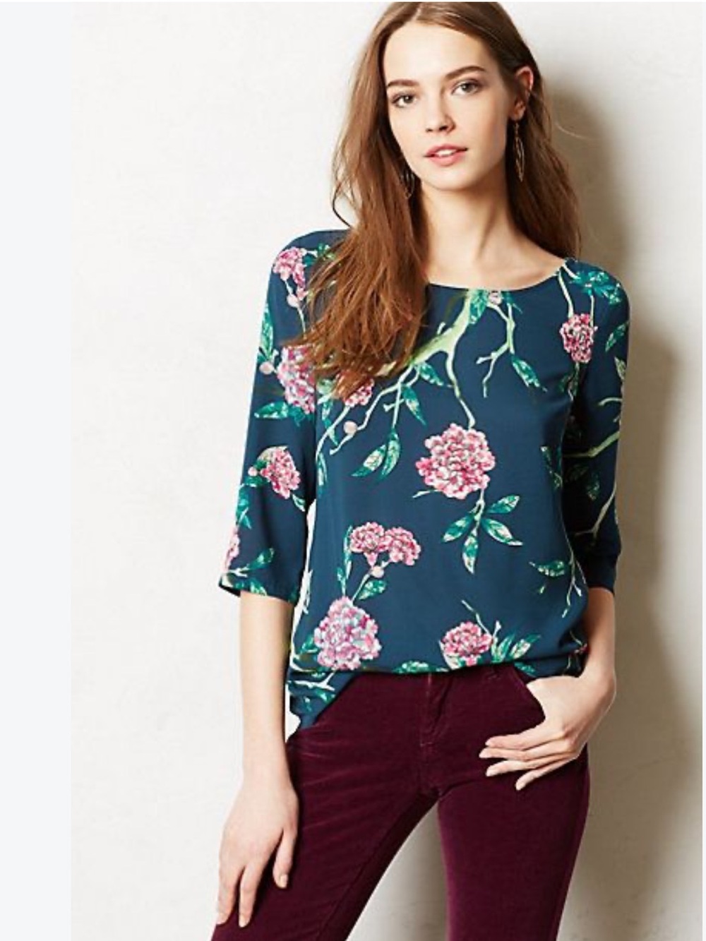 Anthropologie HD in Paris Teal Eira Blouse Pink Floral Hydrangea 8